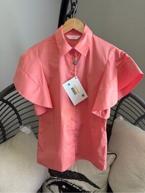 Anonyme Short-Sleeve Button-Down Shirt in Coral Pink - Casual XS